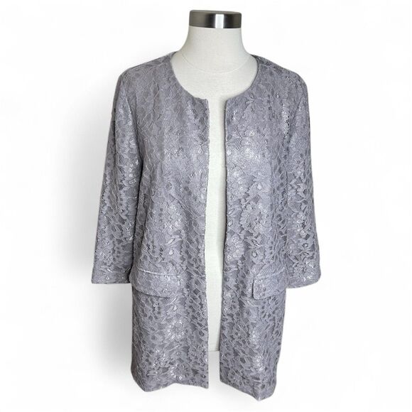 Chicos Topper Jacket Womens Medium 1 Gray Floral Lace Open 3/4 Sleeve Evening - Picture 1 of 11